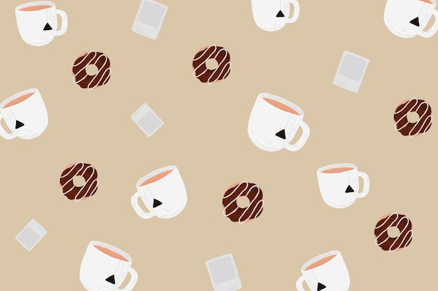 Free vector tea cup patterned background vector with chocolate donut cute hand drawn style