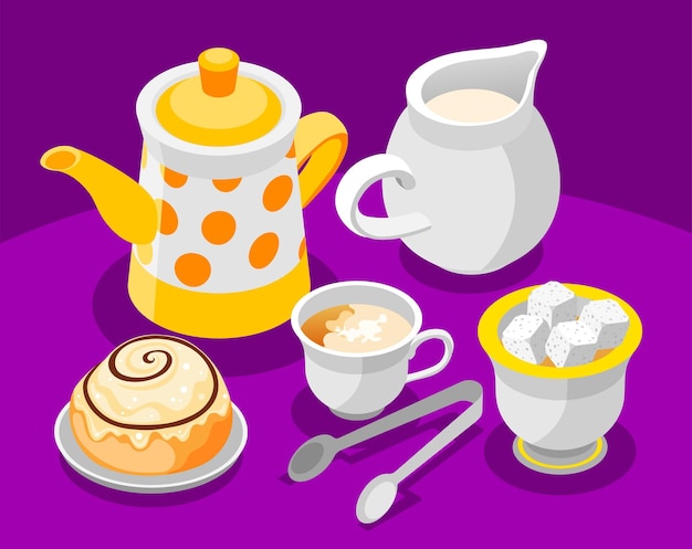 Композиция дня чая с ложкой сахара и изометрической векторной иллюстрацией молока