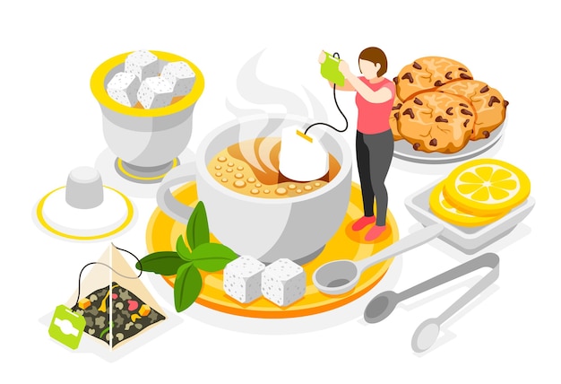 Vettore gratuito concetto di giorno del tè con l'illustrazione isometrica di vettore del limone e dello zucchero della bustina di tè