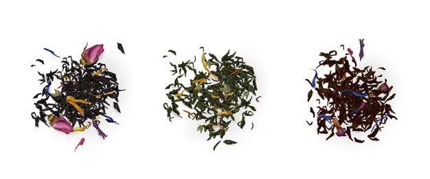 Tea heaps top view, assortment of dry leaves and flowers isolated on white