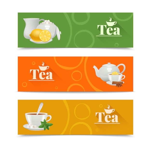 Free vector tea horizontal banners set with porcelain service