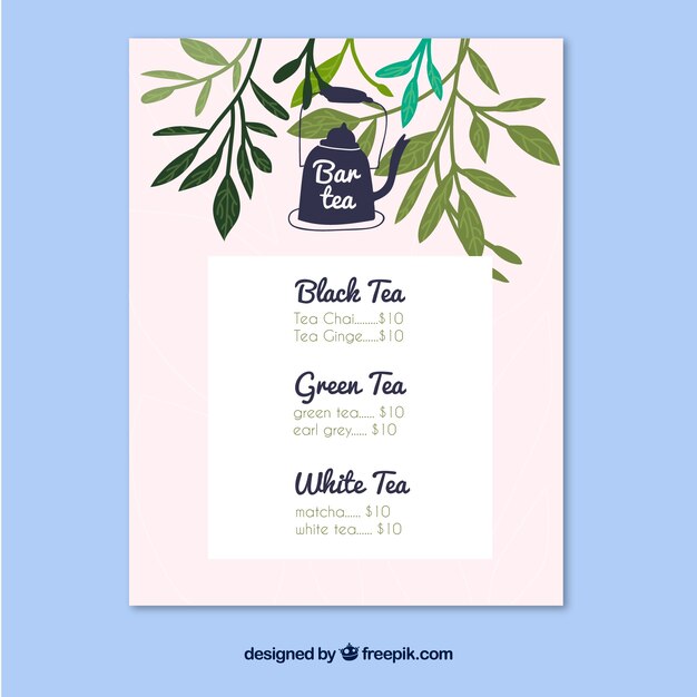 Tea menu template to beverages list