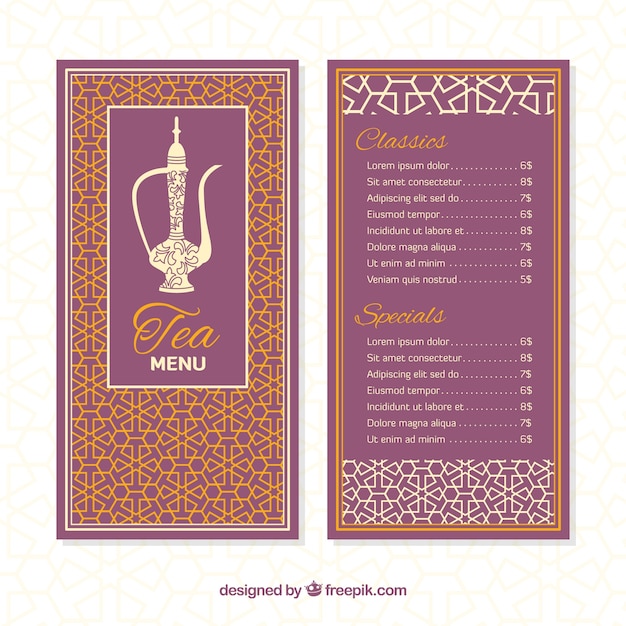 Free vector tea menu template in flat style