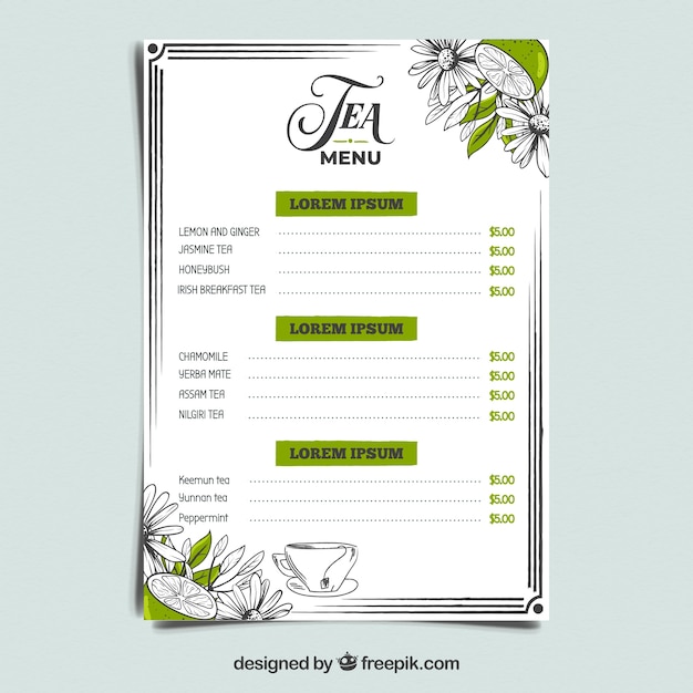 Free vector tea menu template in flat style