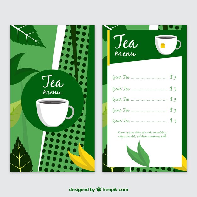 Free vector tea menu template in flat style