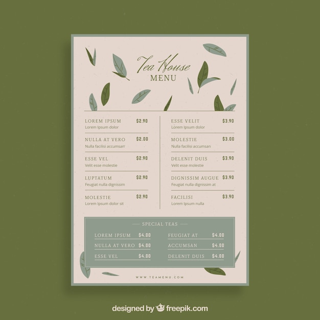 Tea menu template with beverages list