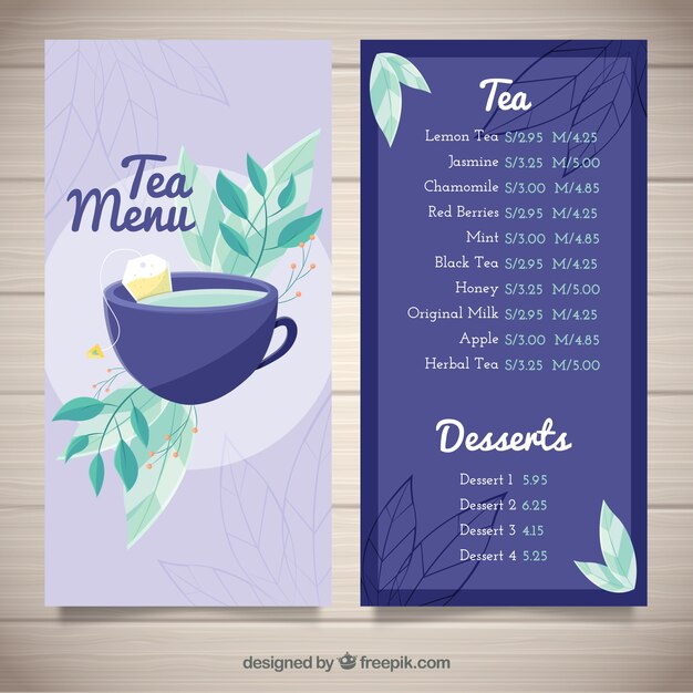 Tea menu template with beverages list