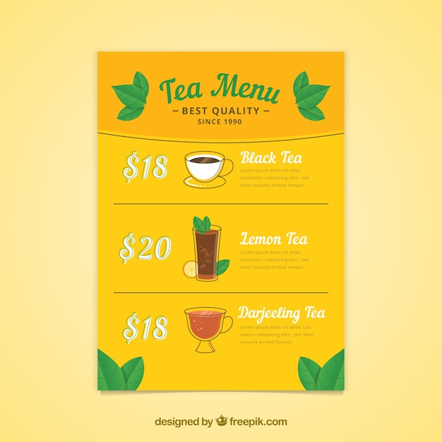 Free vector tea menu template with beverages list