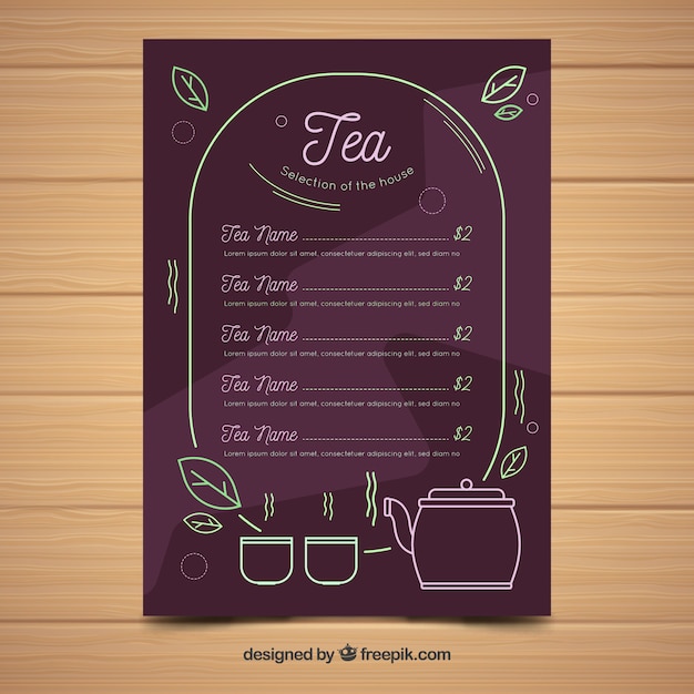 Tea menu template with different drinks