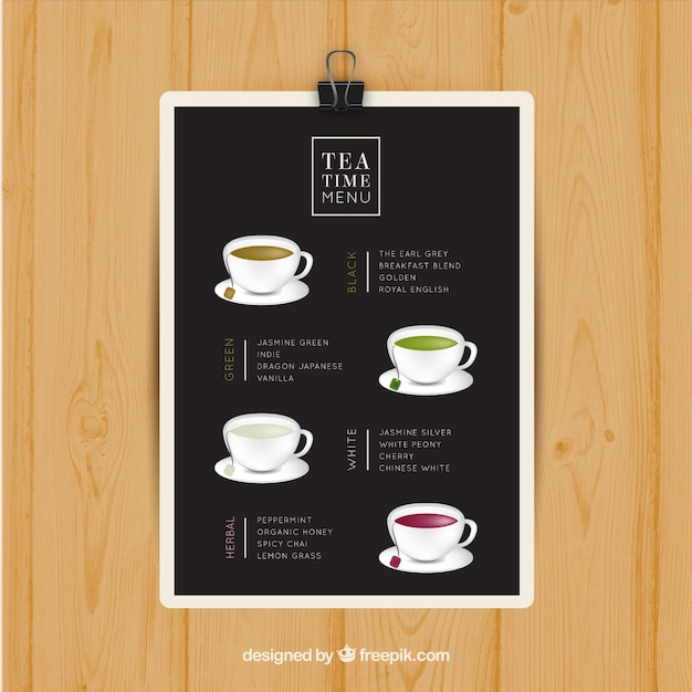 Free vector tea menu template with different drinks