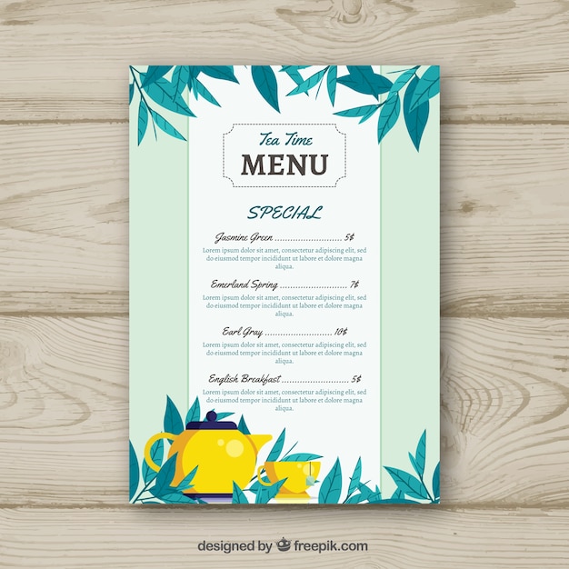 Tea menu template with different types of drink