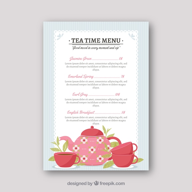 Modello di menu del tè con diversi tipi di bevande