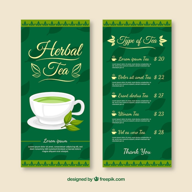 Free vector tea menu template with flat design