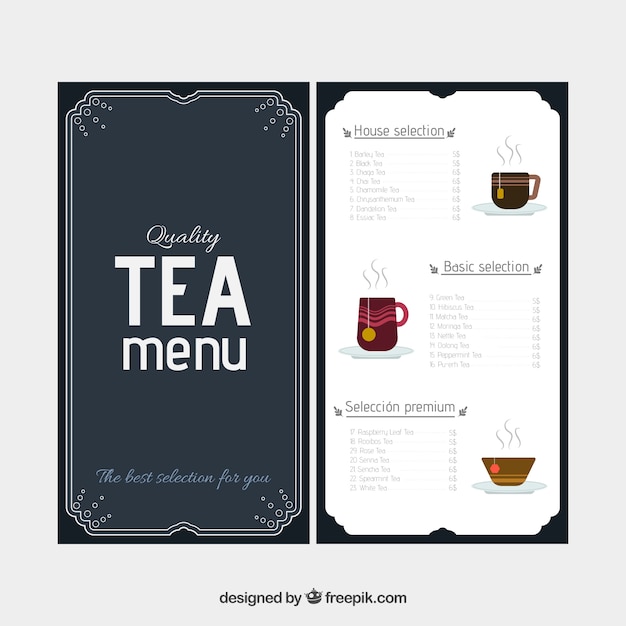 Modello di menu del tè con design piatto