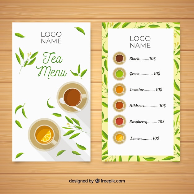 Free vector tea menu template with flat design