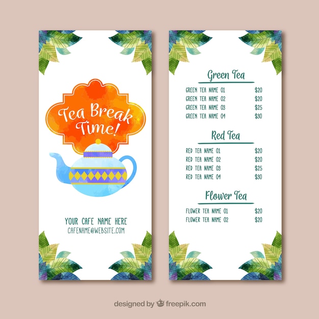 Tea menu template with watercolor style