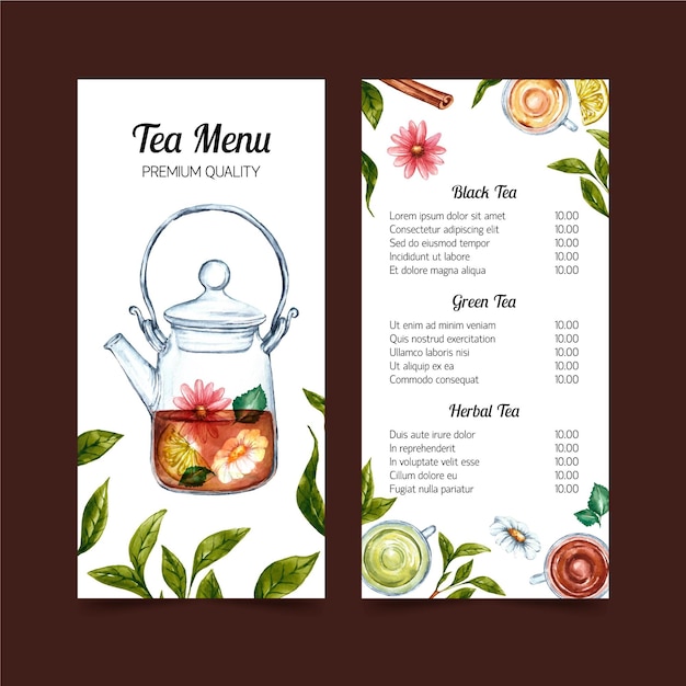 Бесплатное векторное изображение Чайное меню акварель шаблон дизайна
