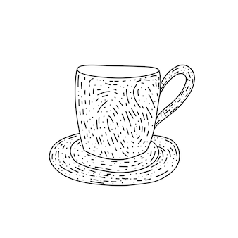 차 또는 커피 컵 벡터 낙서 손으로 그린 선 그림.