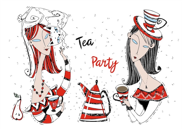 Tea party. girls friends drink tea. art nouveau style. modigliani art.