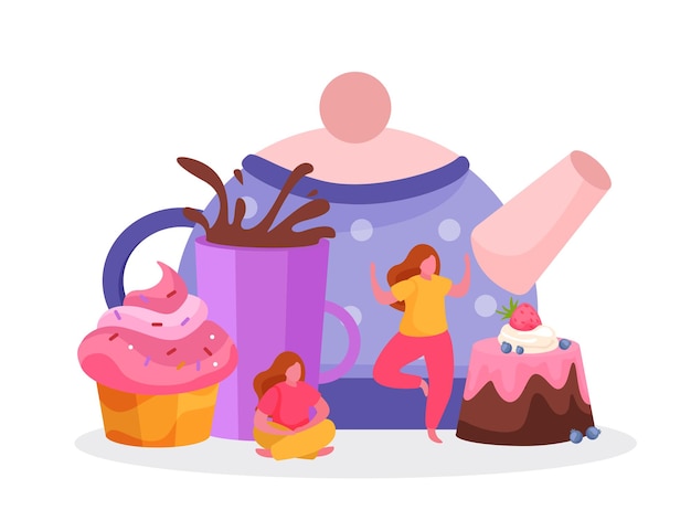 Плоский фон времени чая с изображениями женских персонажей чашки пирожных с брызгами капли и иллюстрацией чайника