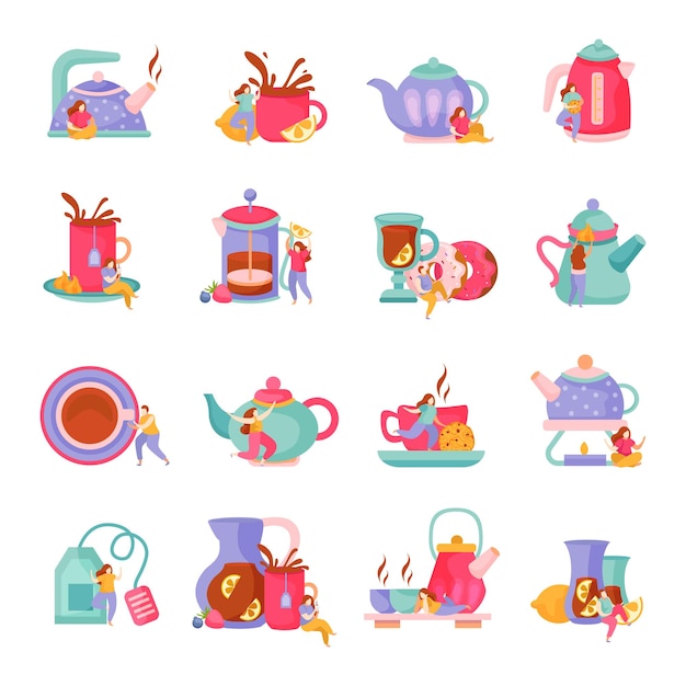 Плоский набор изолированных иконок с чайниками, чашками и тарелками с векторной иллюстрацией каракулей