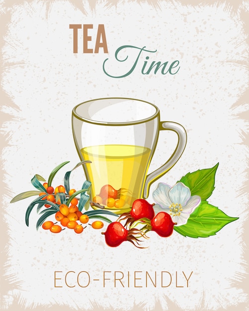 Poster di tempo del tè con fiori e foglie