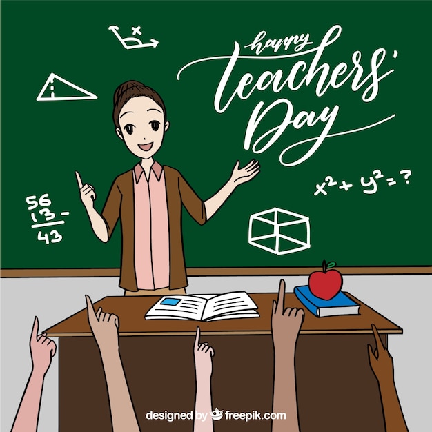 Free vector teacher by the blackboard and pupils raising hands