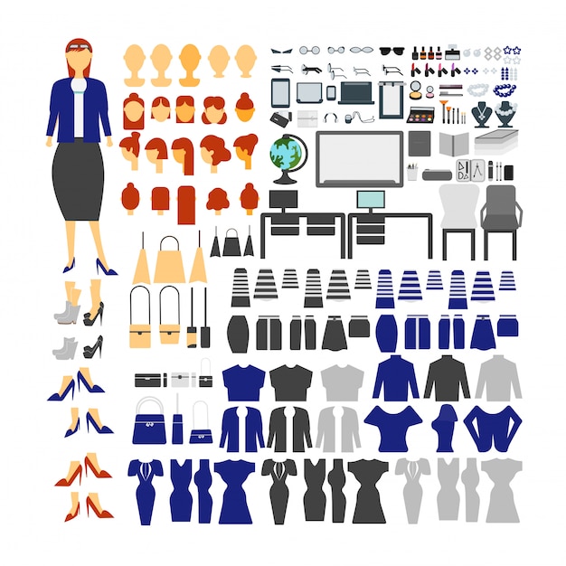 Free vector teacher character set for animation with various views, hairstyle, emotion, pose and gesture.