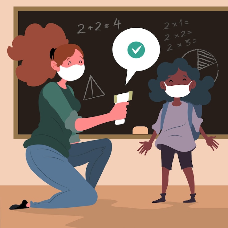 Free Vector teacher checking children temperature