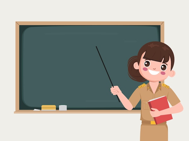 Teacher in classroom pointing to chalkboard