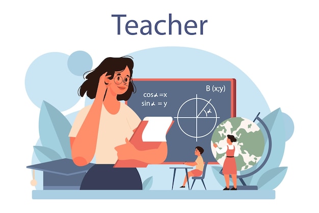 Teacher concept Profesor standing in front of the blackboard School or college workers with professional discipline tools Idea of education and knowledge Flat vector illustration