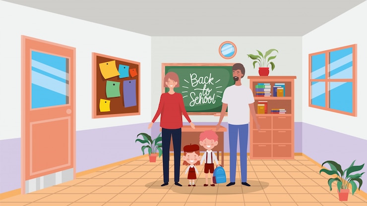 Free Vector teacher couple with little students kids in the classroom