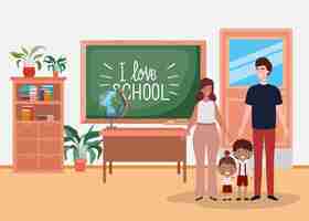 Free vector teacher couple with little students kids in the classroom