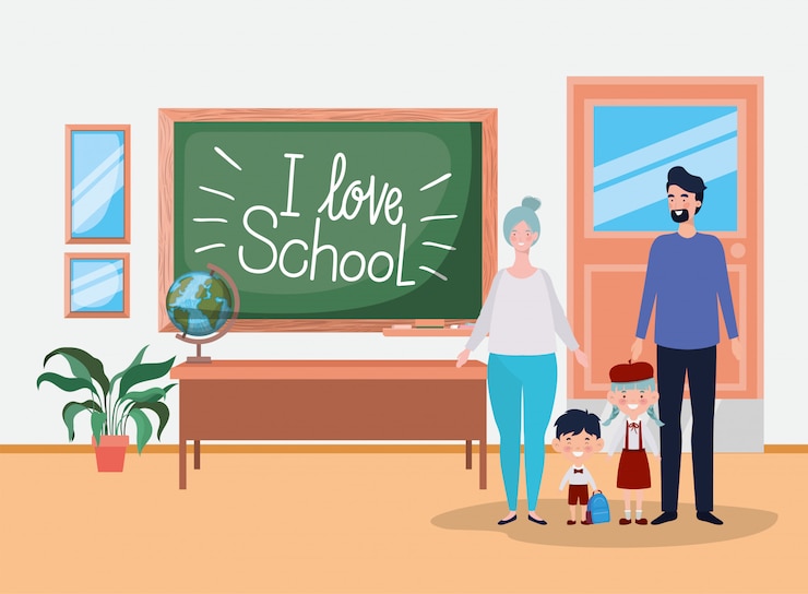 Free Vector teacher couple with little students kids in the classroom