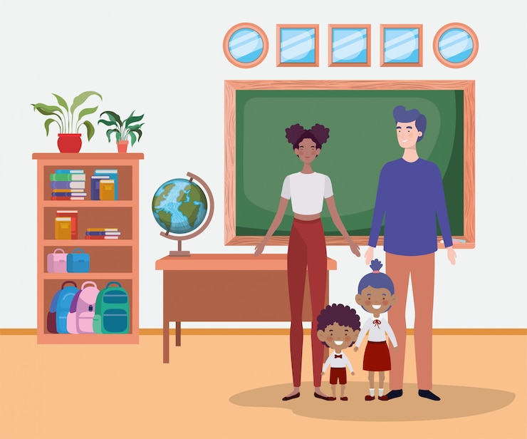 Free Vector teacher couple with little students kids in the classroom