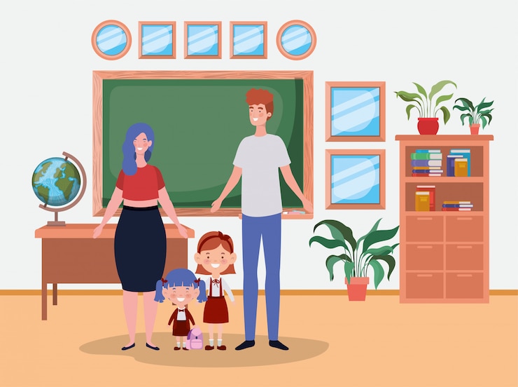 Free Vector teacher couple with little students kids in the classroom