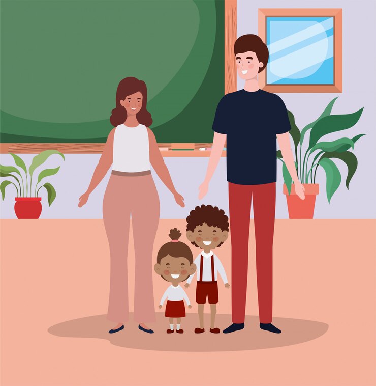 Free Vector teacher couple with little students kids in the classroom