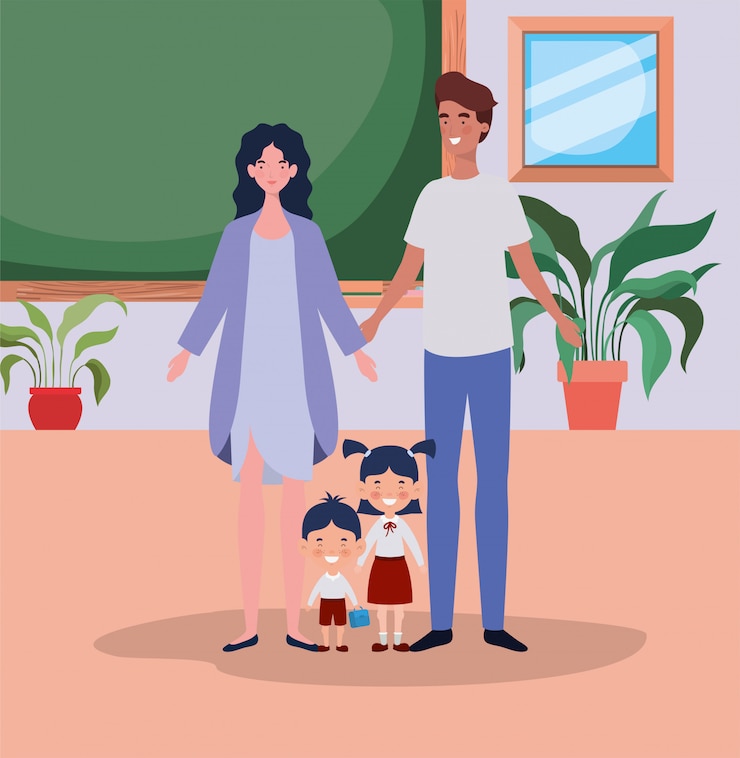 Free Vector teacher couple with little students kids in the classroom