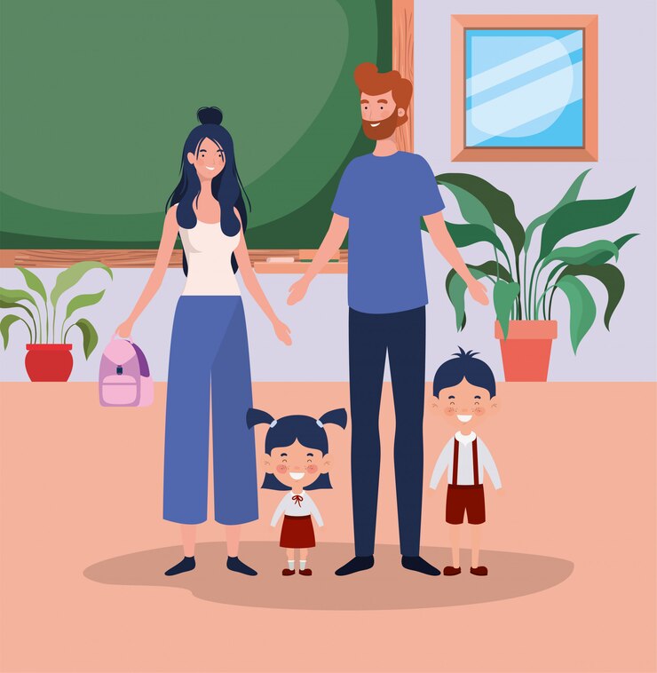 Free Vector teacher couple with little students kids in the classroom