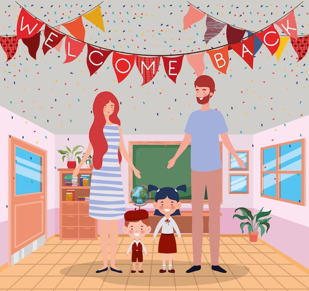 Free vector teacher couple with little students kids in the classroom