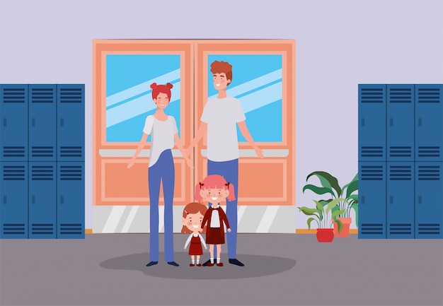 Бесплатное векторное изображение Учитель пара с маленькими учениками детей в школьном коридоре