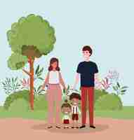 Free vector teacher couple with little students kids in the landscape