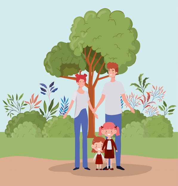 Free vector teacher couple with little students kids in the landscape