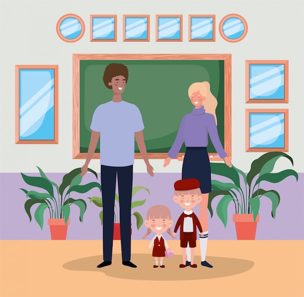 Free vector teacher couple with little students kids in the school corridor