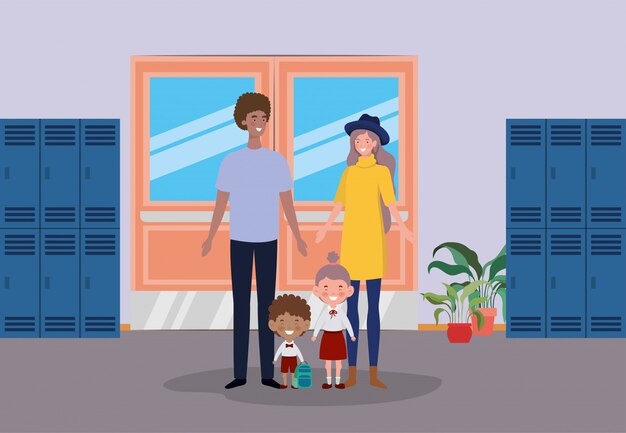 Free vector teacher couple with little students kids in the school corridor