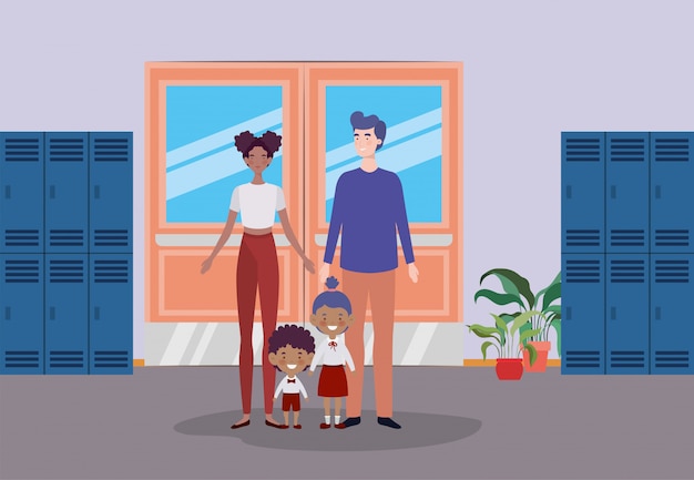 Free vector teacher couple with little students kids in the school corridor