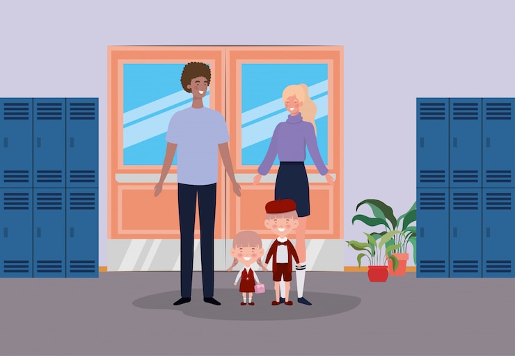 Free Vector teacher couple with little students kids in the school corridor