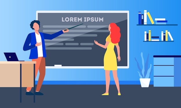 Free vector teacher explaining task to student. man pointing at blackboard, showing text sample flat vector illustration. education, class, studying