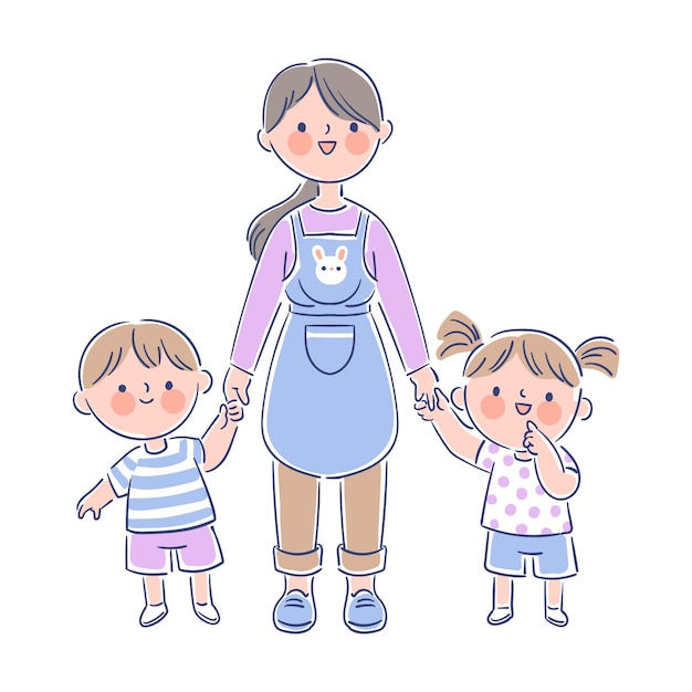 Free vector teacher holding little students by their hands