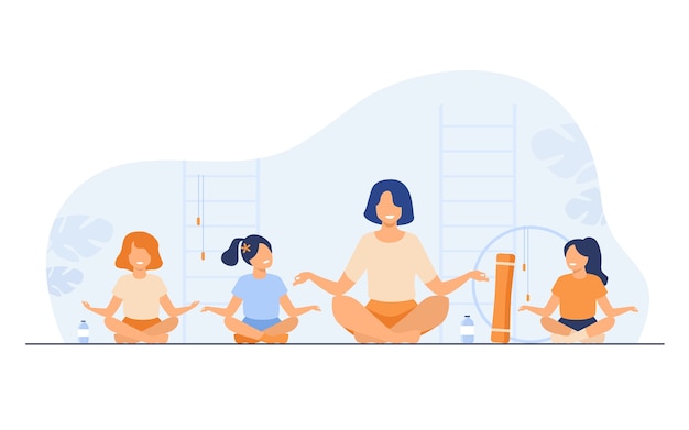 Insegnante e bambini che si siedono nell'illustrazione piana di vettore isolata posa di yoga. istruttore di cartone animato e bambini che fanno esercizio in palestra.